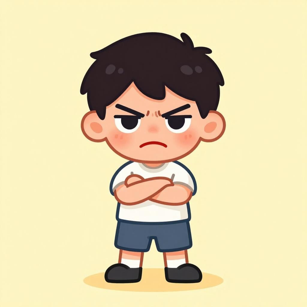 A grumpy young boy with a red face and crossed arms, looking very angry.