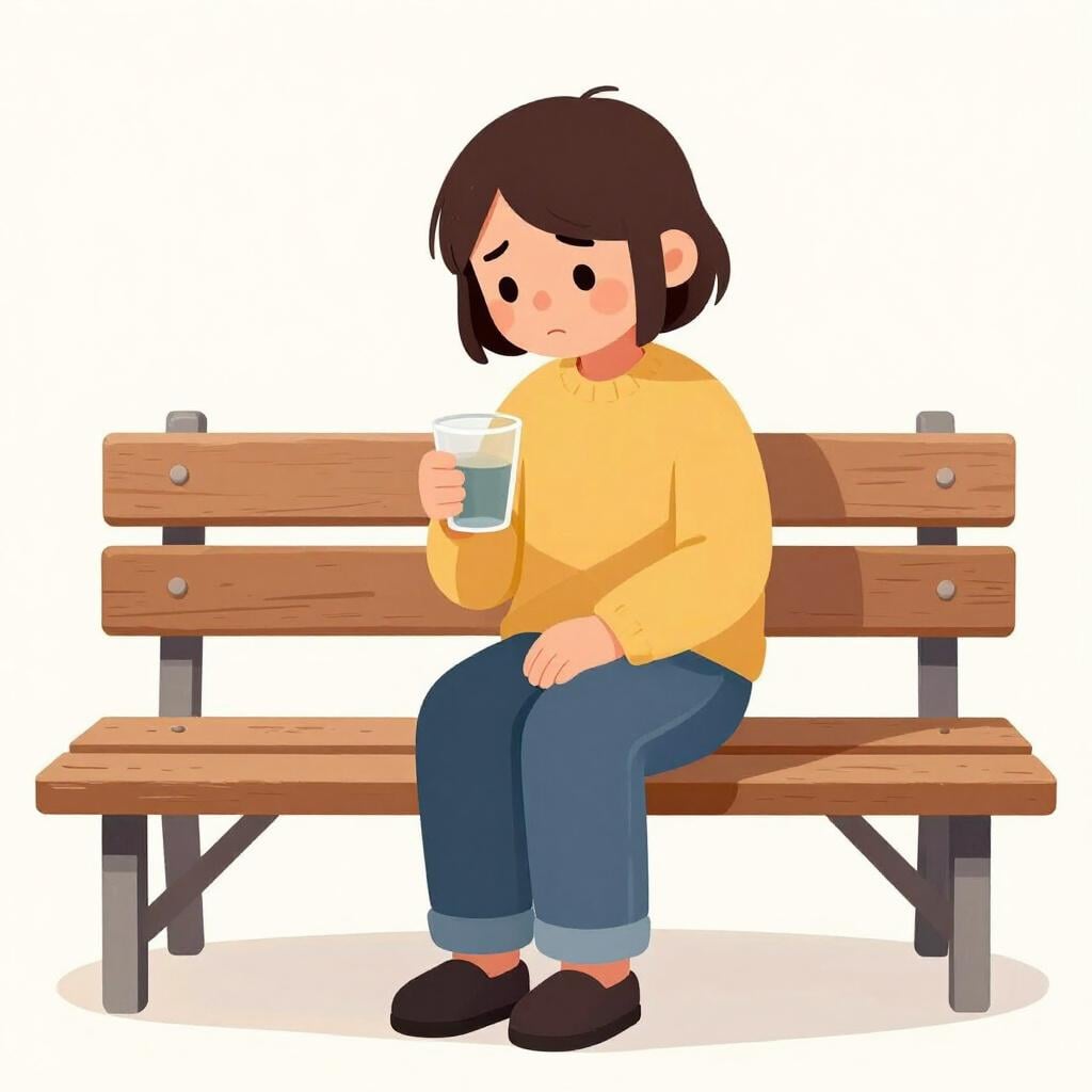A person sitting on a park bench looking sad and holding an empty glass.