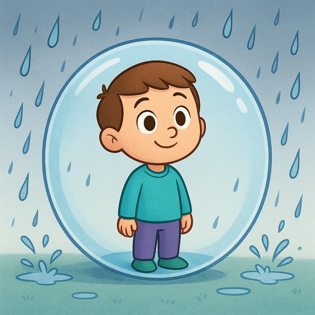 A smiling person standing inside a large, clear protective bubble, shielding them from cartoon rain falling outside, symbolizing insurance protection.