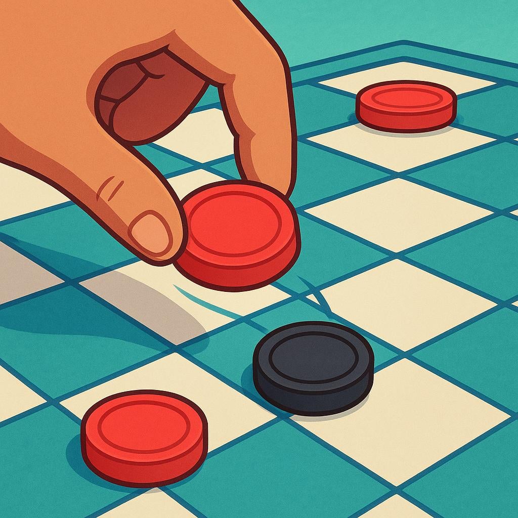 A close-up illustration showing a hand capturing an opponent's black checker piece with a red checker piece on a traditional checkered game board.