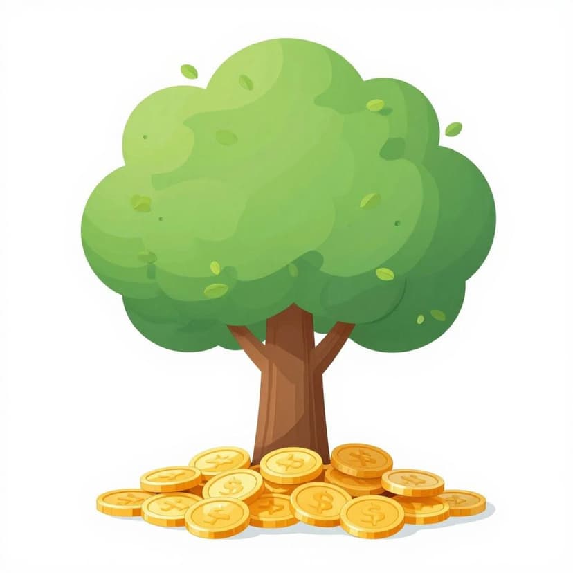 Ein üppiger, grüner Baum, der aus einem Haufen Goldmünzen wächst.