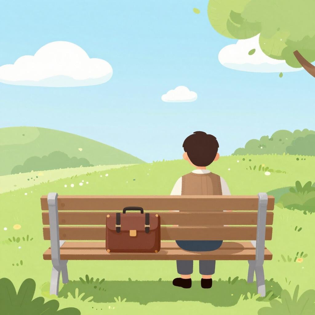 A person sitting on a park bench looking thoughtful with an empty briefcase beside them.