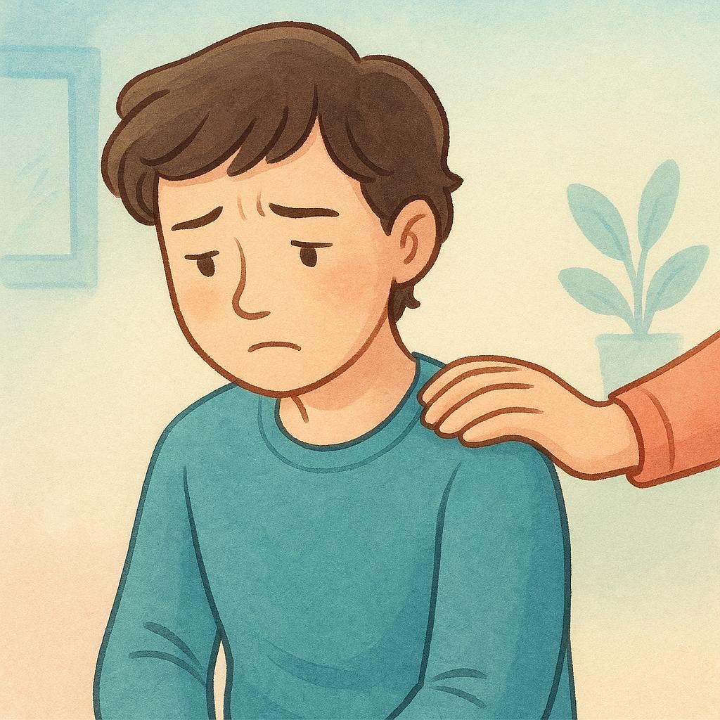 A person looking worried, being gently comforted by a supportive hand placed on their shoulder, illustrating the negative command 'don't be' or 'don't have'.