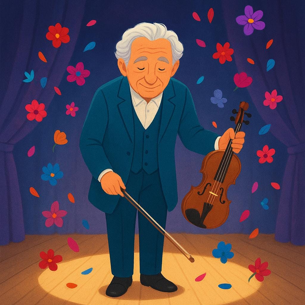 An elderly, wise-looking musician standing on a stage, holding a violin, bowing slightly as colorful flowers are thrown towards the stage, symbolizing a respected figure.