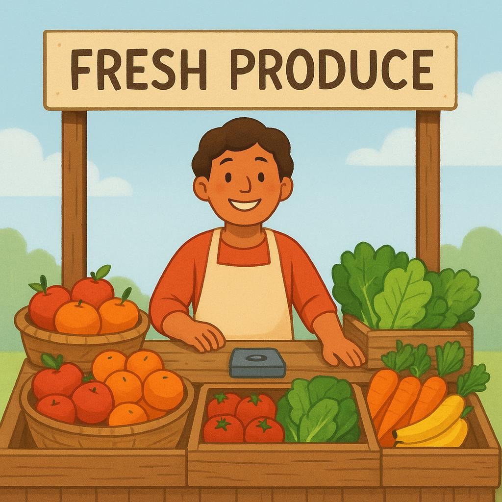 A cheerful person standing behind a simple market stall overflowing with fresh fruits and vegetables, symbolizing earning a living and financial self-support.
