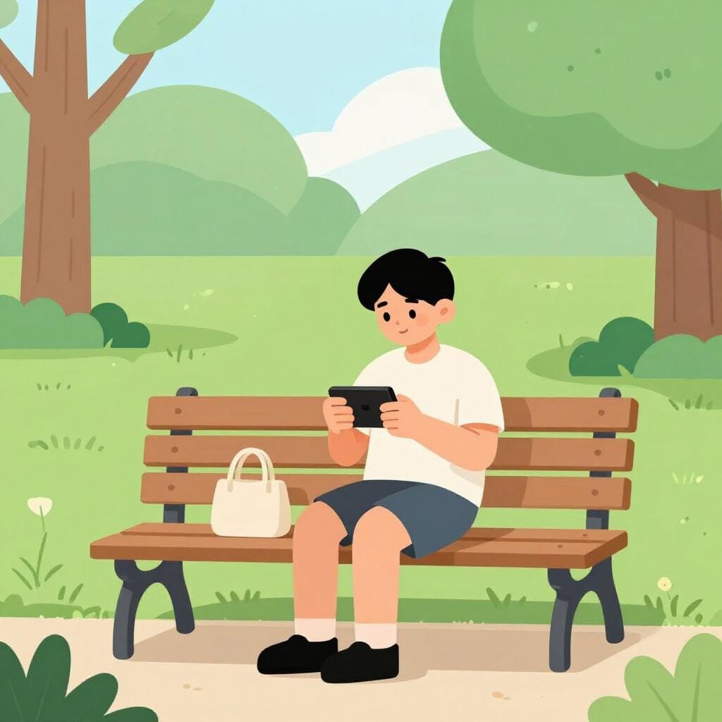 A person sitting on a park bench, completely focused on playing a handheld video game while ignoring a beautiful sunset.