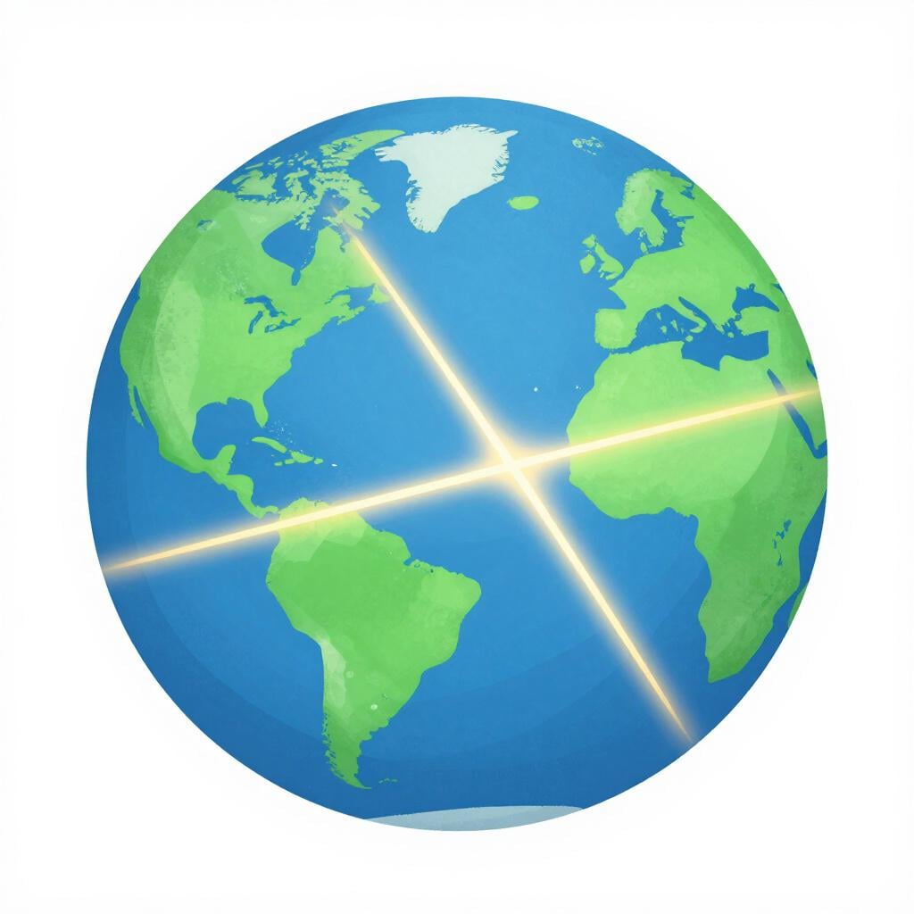 地球の中心を上下に通る光る線が表示され、回転している様子を示すカラフルなイラスト。