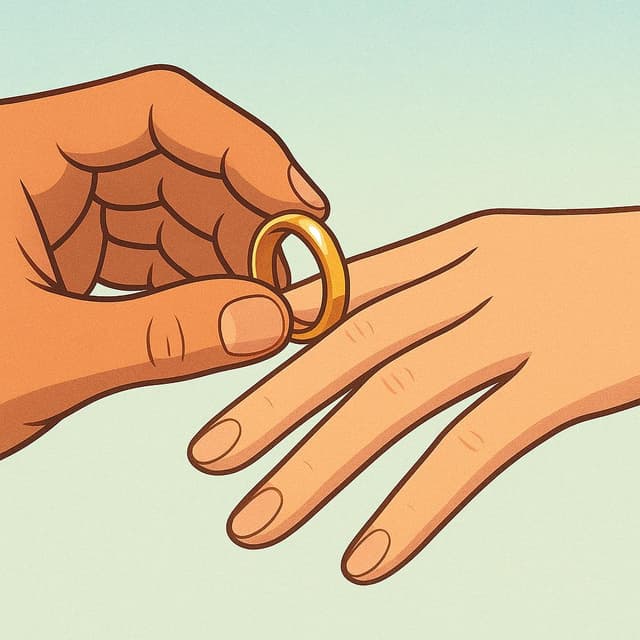 Uma ilustração em close-up mostrando uma mão colocando gentilmente uma aliança dourada simples no dedo anelar de outra mão, simbolizando o casamento.