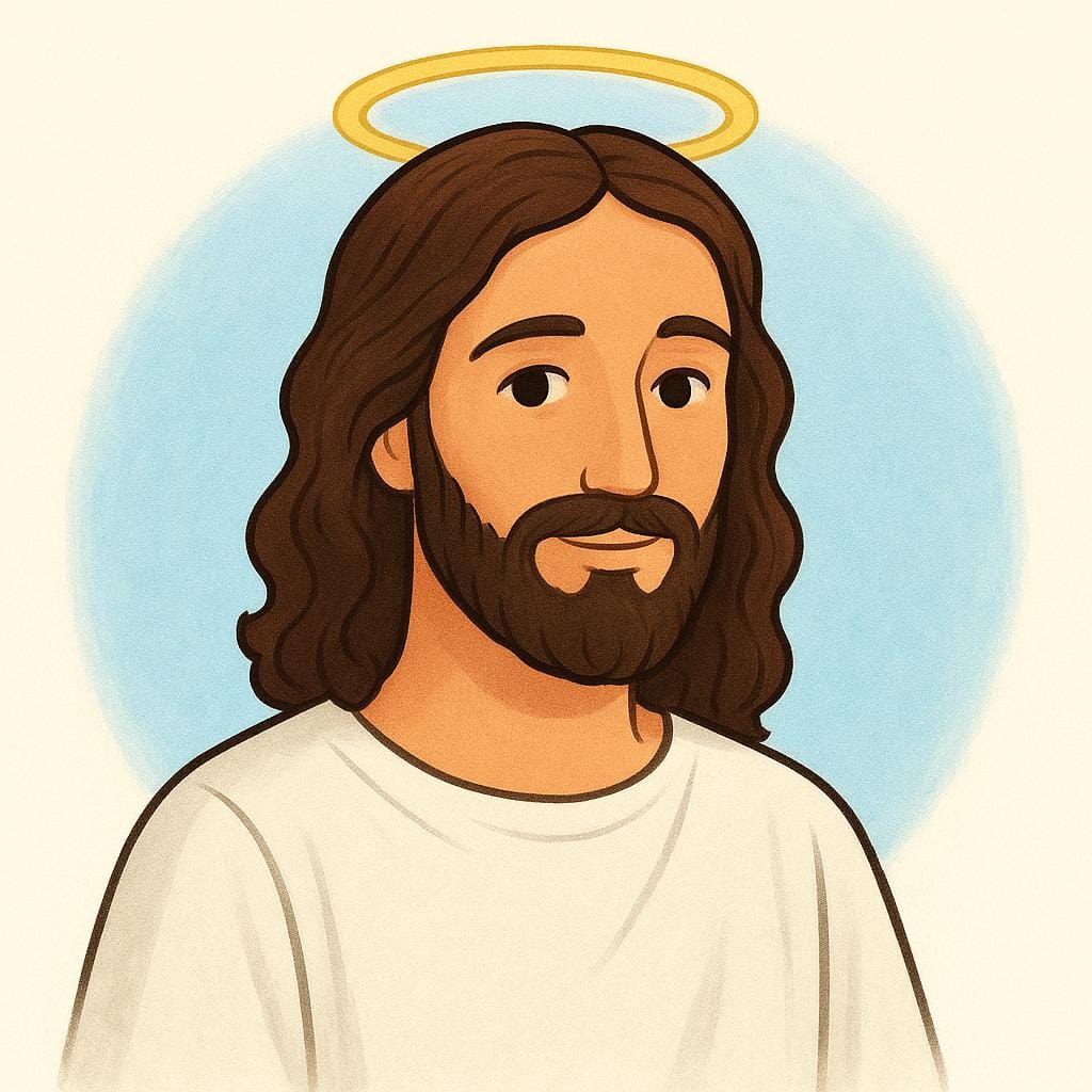 A high quality simple colorful storybook illustration depicting a man with long hair and a beard, wearing flowing white robes, with a subtle golden halo above his head, representing Jesus Christ.