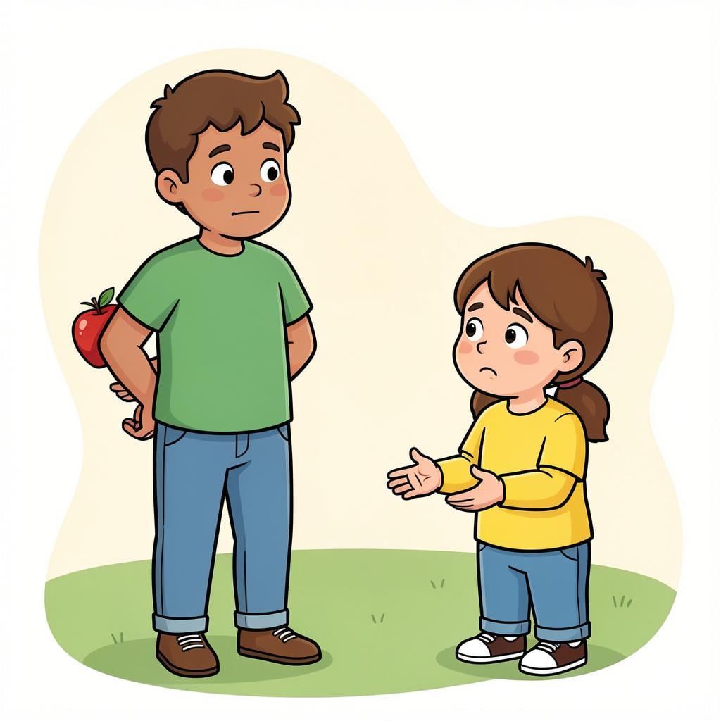 A storybook illustration of a person hiding a bright red apple behind their back while another person looks for it.