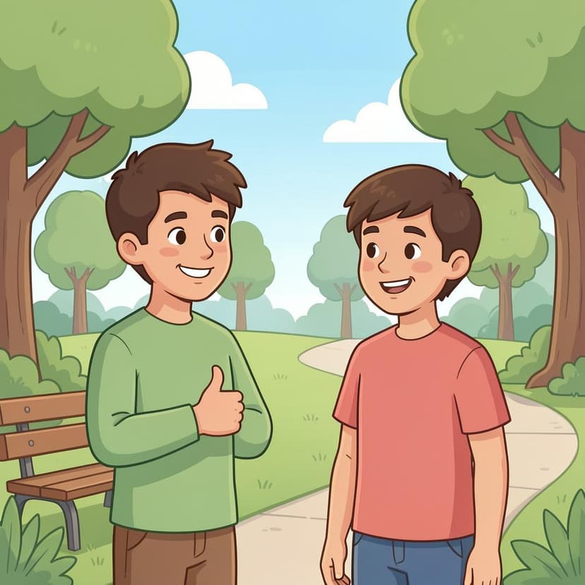 A friendly person with a warm smile placing a comforting hand on someone's shoulder in a sunny garden.