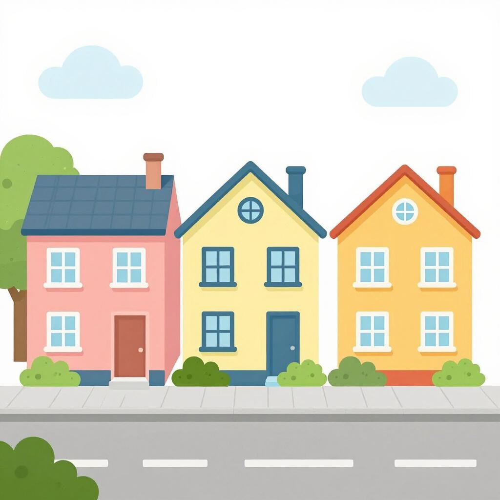 A peaceful street lined with colorful houses and green trees.