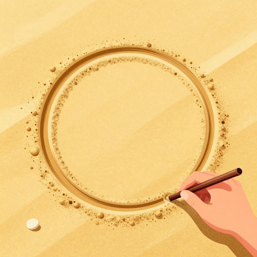 A hand using a wooden stick to draw a perfect circle in the sand on a beach.