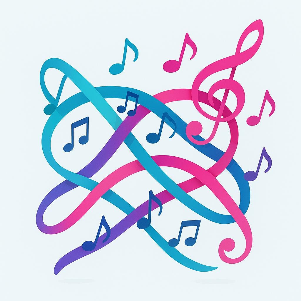 Two distinct, colorful lines of musical notes twisting and weaving around each other in a complex, overlapping pattern.