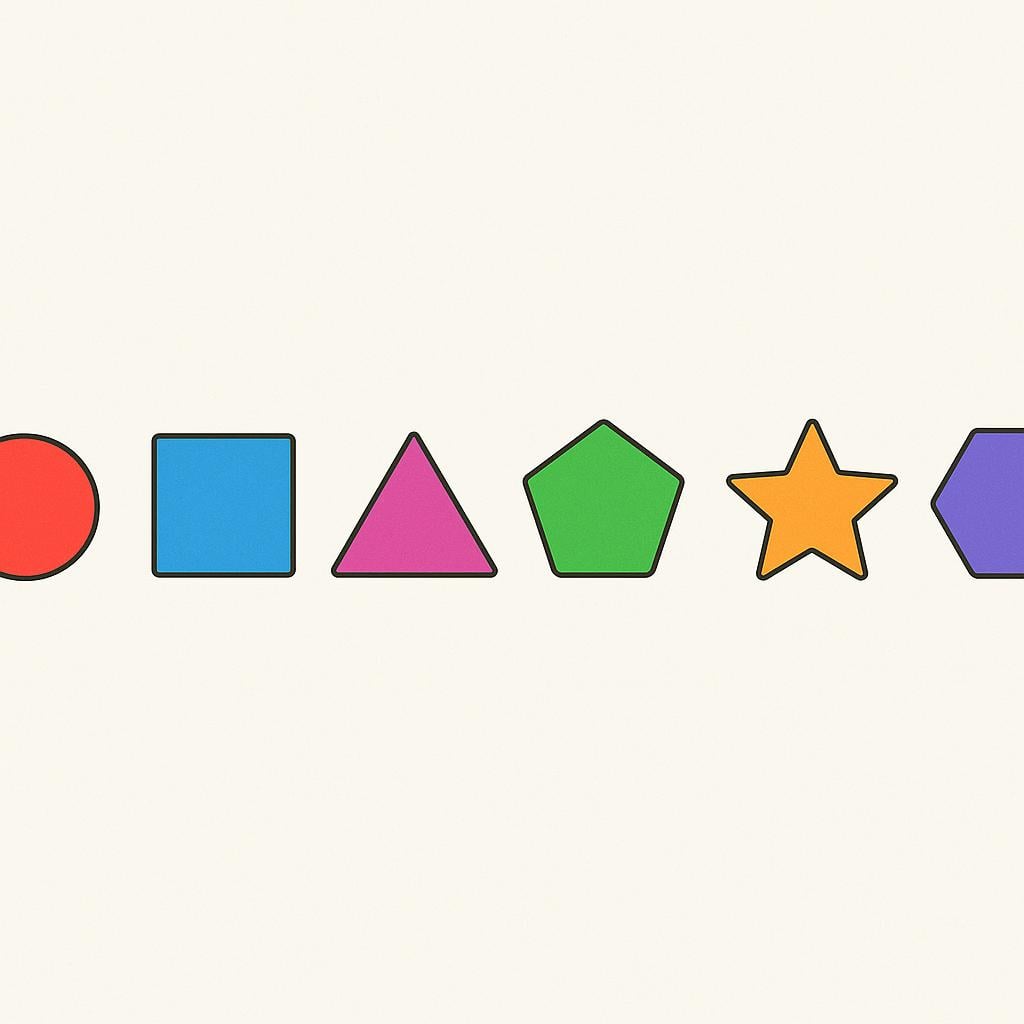 A set of six colorful geometric shapes, such as squares and circles, arranged in a perfect straight line, symbolizing individual words forming a complete sentence.