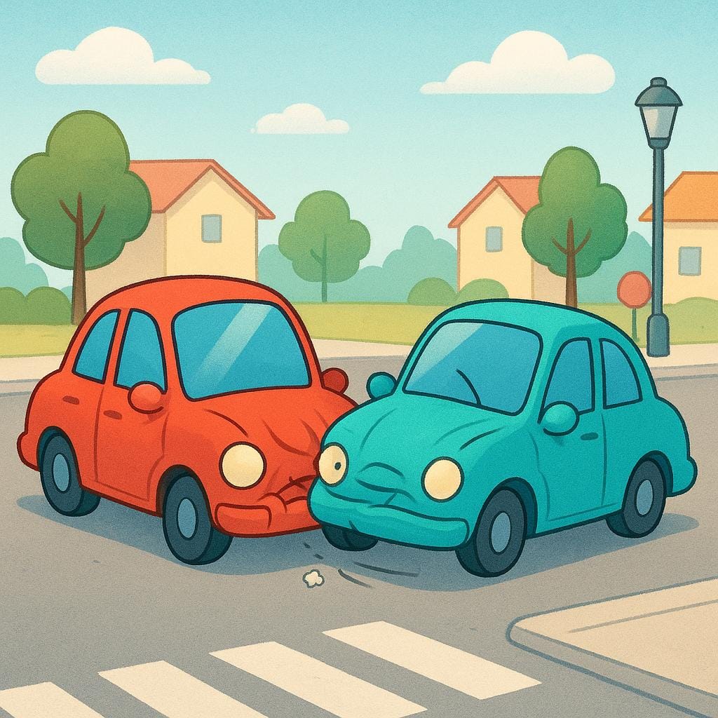 Two small, stylized cars crumpled together after a minor collision on a road.