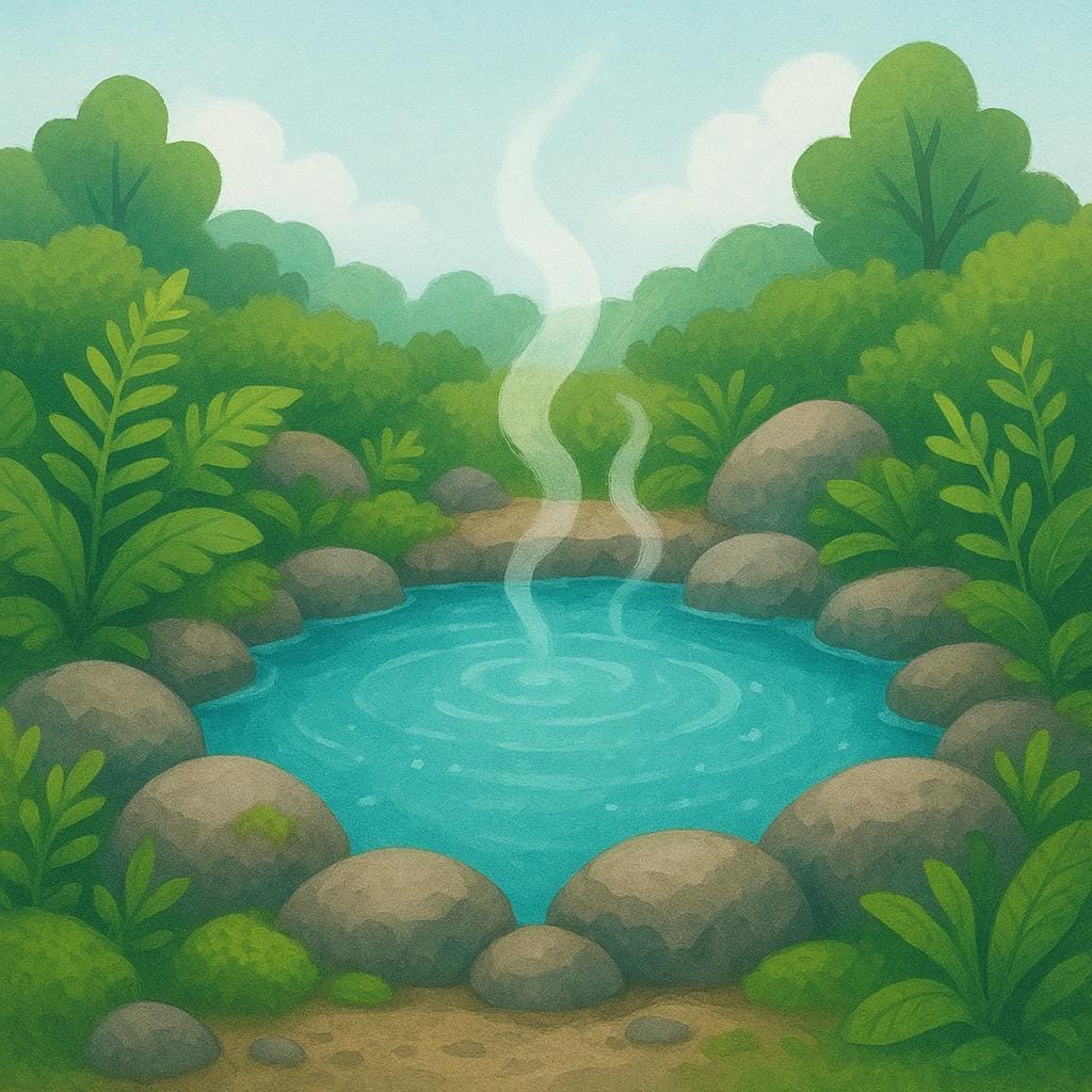 Une illustration d'un bain thermal extérieur serein, montrant une piscine d'eau bleue claire et fumante entourée de pierres lisses et d'un feuillage vert luxuriant.