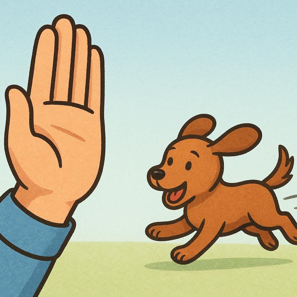 La main d'une personne est levée, paume vers l'extérieur, signalant clairement d'arrêter un petit chien qui court.