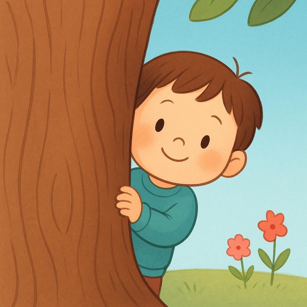 A young child is partially concealed behind a thick tree trunk, with only their eyes and part of their face visible as they peek out.