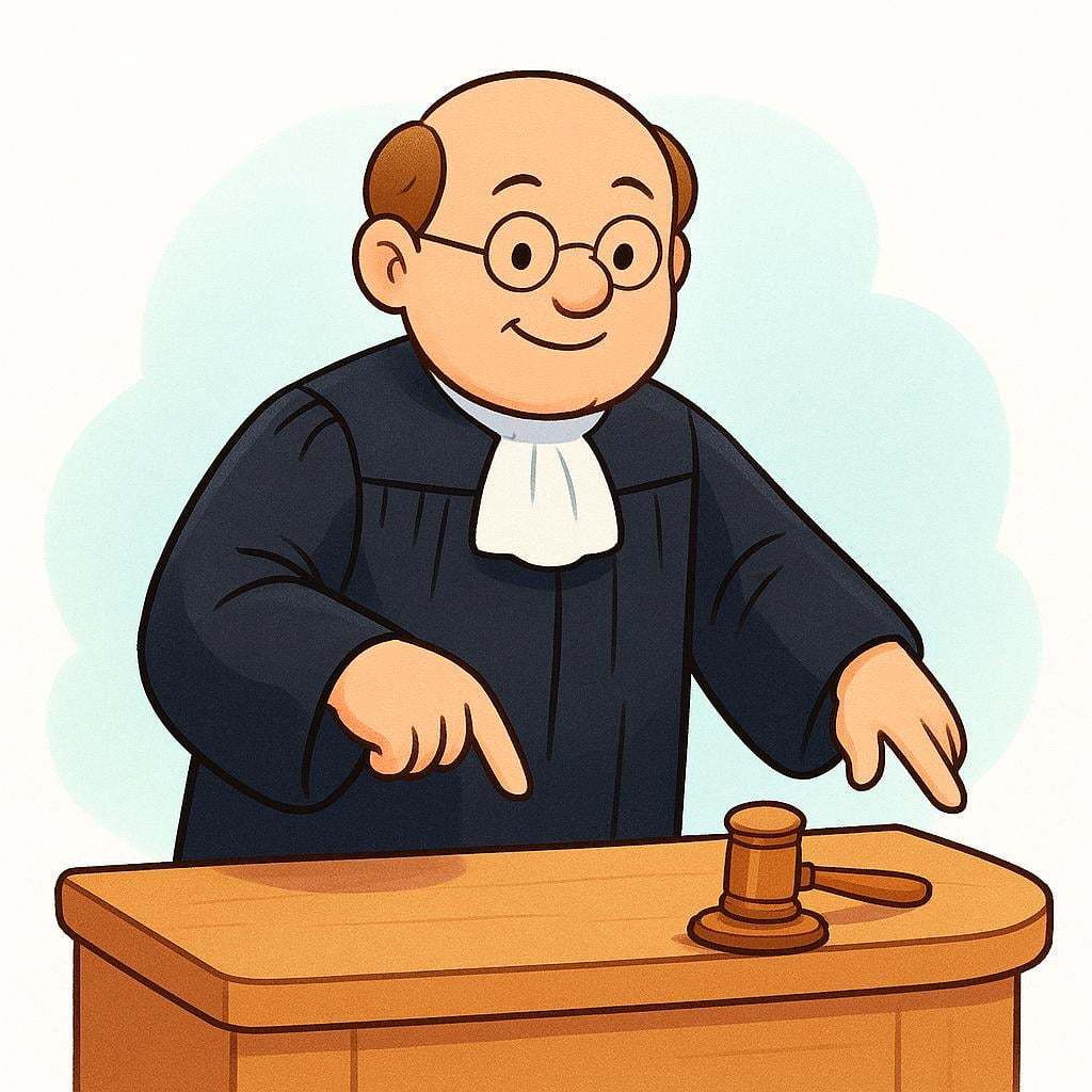A simplified figure dressed in black judicial robes stands behind a wooden bench, pointing downward decisively to impose a ruling.