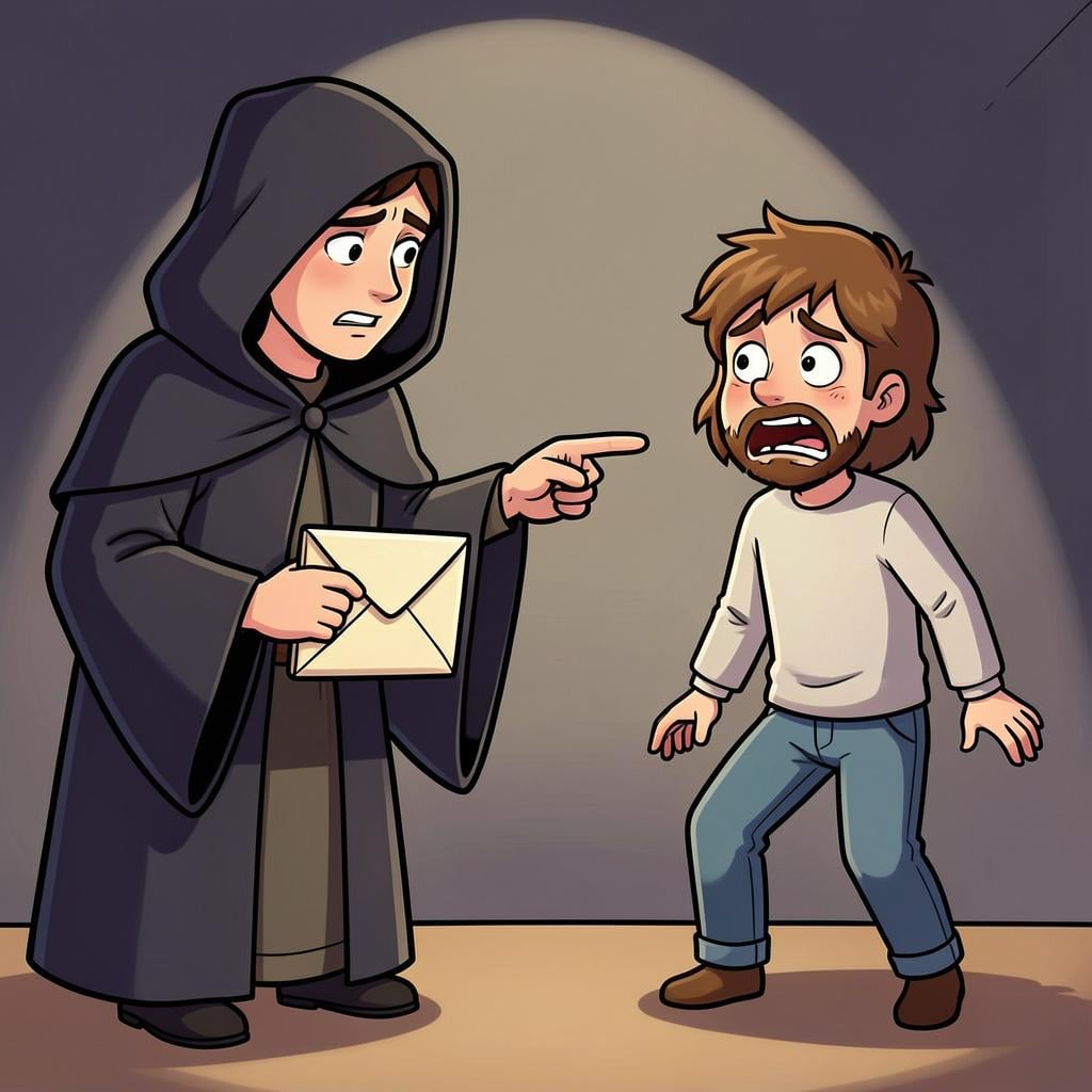 A shadowed figure holding a mysterious envelope while pointing a finger at a nervous person in a high quality storybook illustration style.