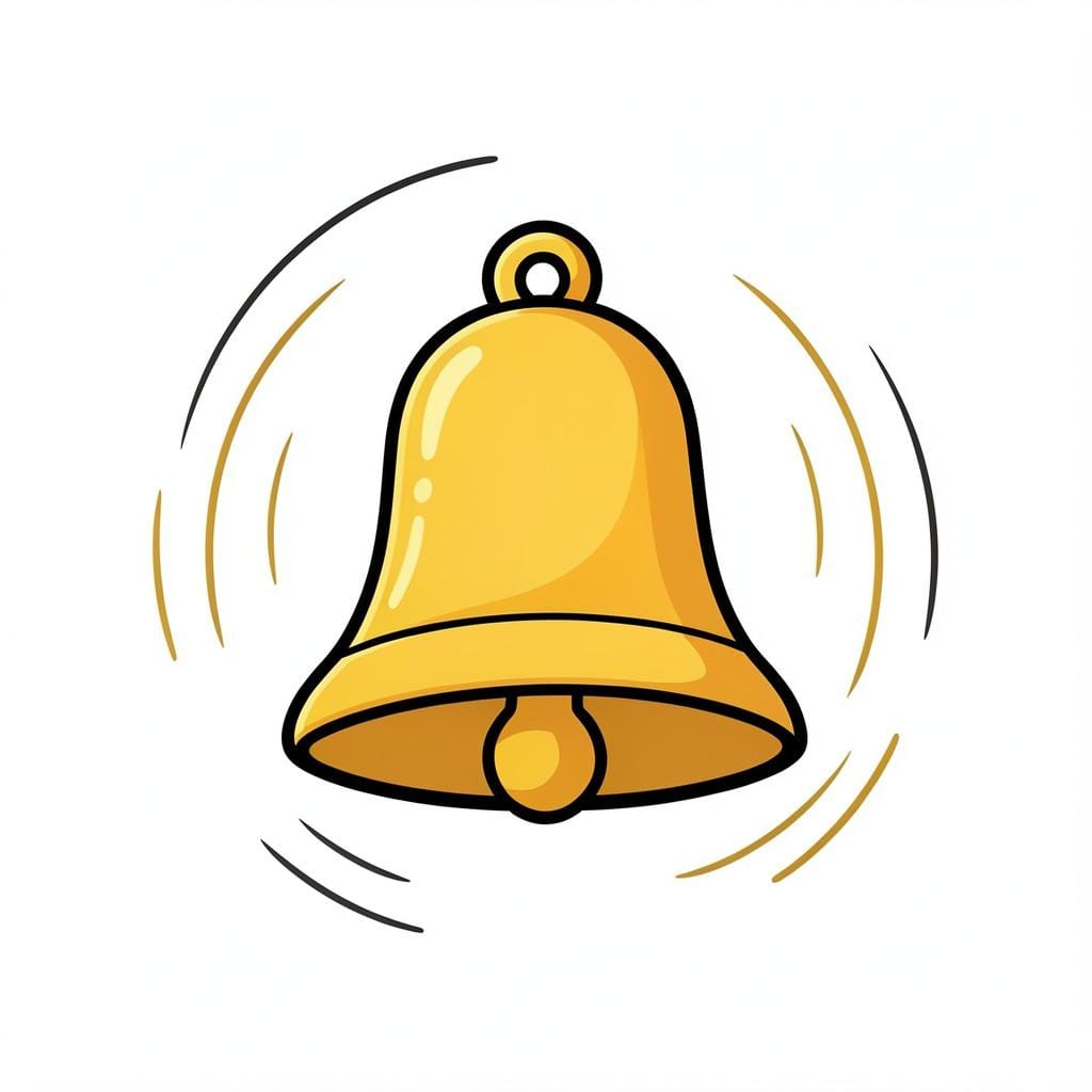 A golden bell swinging and vibrating to show it is making a sound.