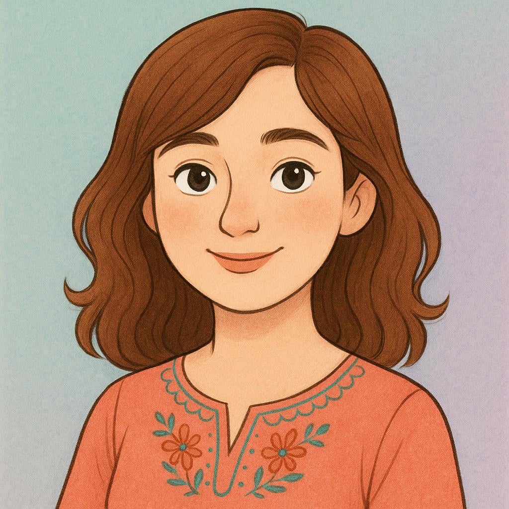 A young woman with bright, kind eyes smiles gently and looks forward.