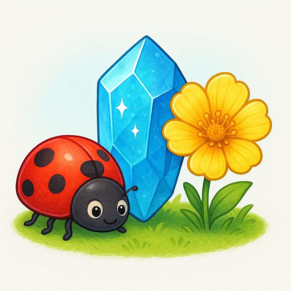 A close-up illustration of three distinct objects: a bright red ladybug, a sparkling blue crystal, and a detailed yellow flower, all resting closely on a green patch of grass.
