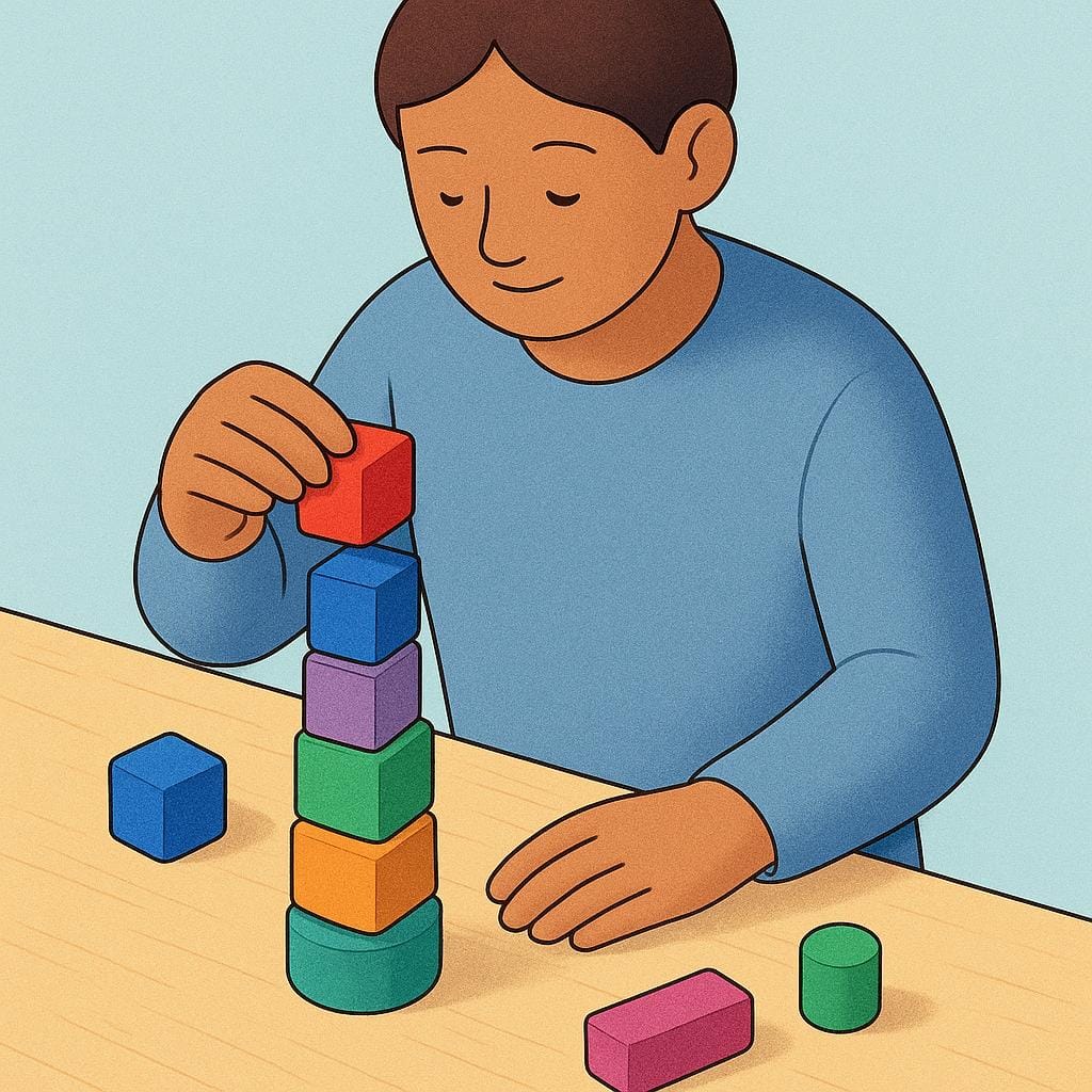 机の上に立って、小さくてはっきりしたカラフルなブロックをきれいに積み重ねて整理している人。