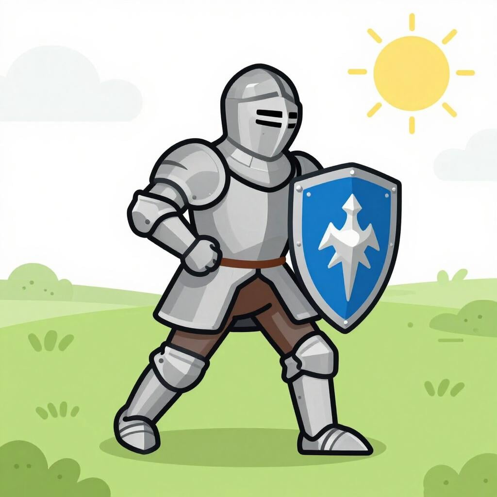 A bold knight in shining armor charging forward with a shield.