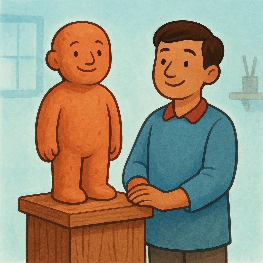 A simple clay statue of a smiling figure stands on a pedestal next to a sculptor who has just finished their work, emphasizing the completion of the action.