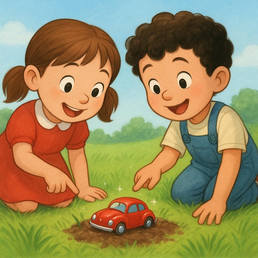 明るい野原で、葉っぱの下に隠されていた鮮やかな色のミニカーを興奮して指さす2人の幸せそうな子供。