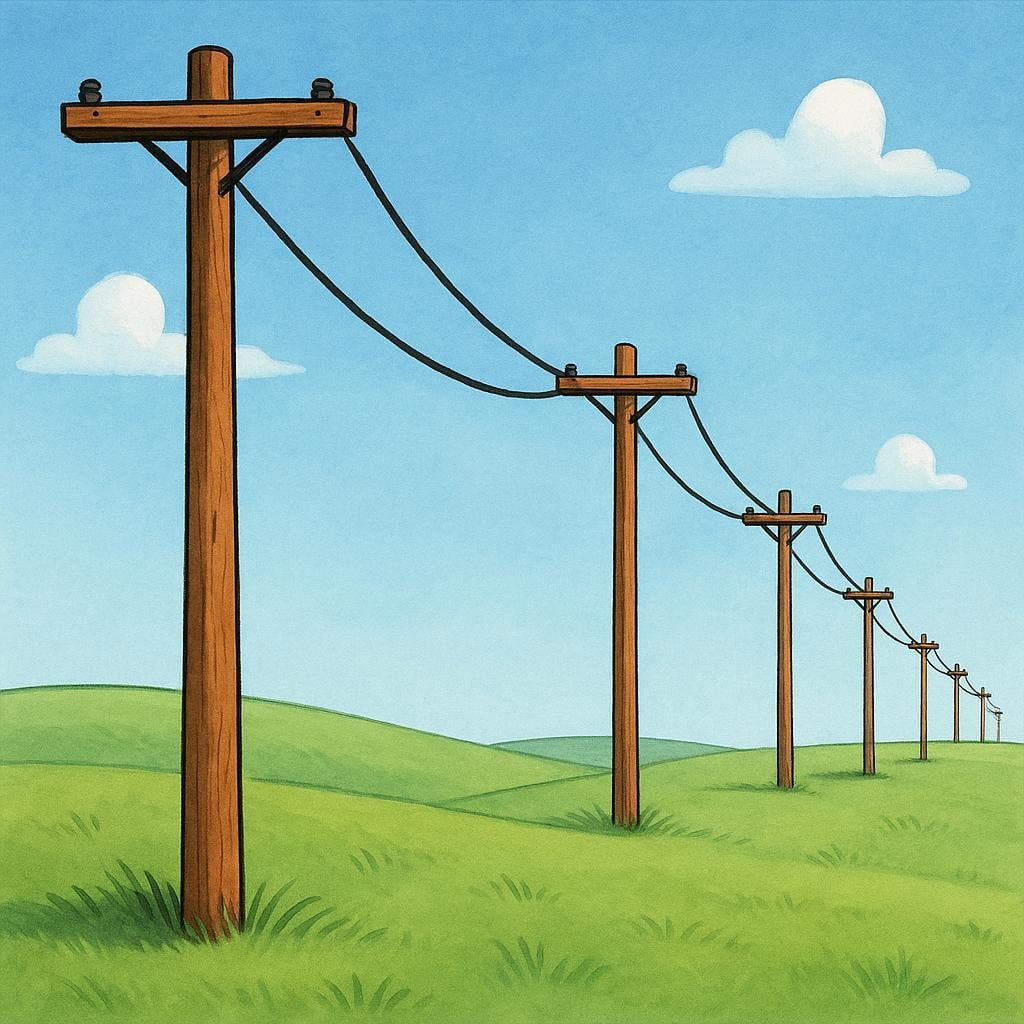 A series of interconnected utility poles and power lines stretching across a green landscape.