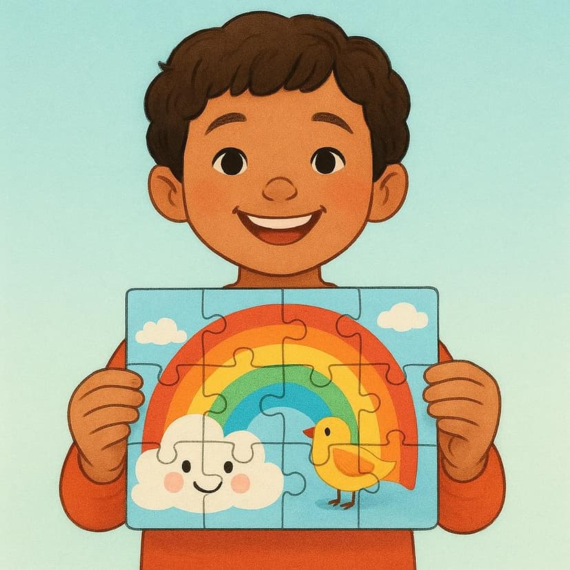 Uma estudante sorridente segura um quebra-cabeça pequeno, colorido e totalmente montado, simbolizando o conhecimento adquirido.