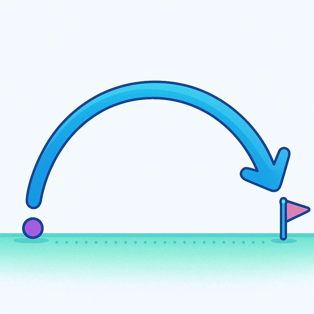 A single, colorful arching arrow spans a wide distance between a defined starting point and an ending point on a flat plane, illustrating extent.