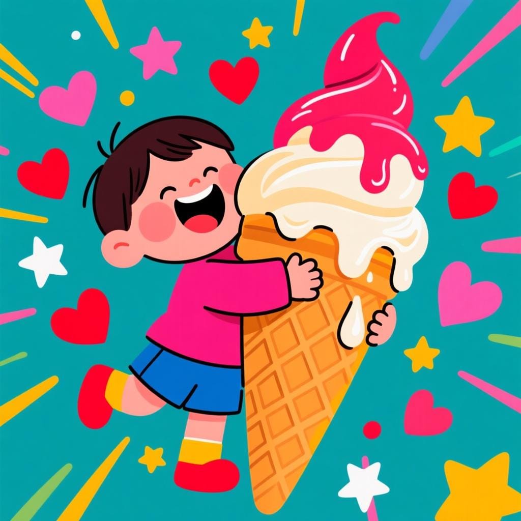 A child passionately hugging a giant, oversized ice cream cone, illustrating being 'crazy about' something.