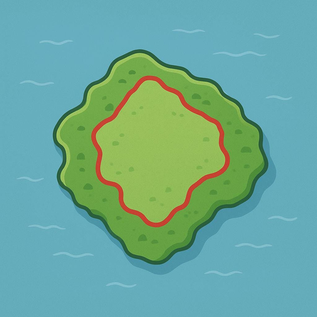 Un'illustrazione stilizzata di una mappa che mostra una grande massa terrestre verde. Una sezione specifica e irregolare all'interno della massa terrestre è chiaramente demarcata da un bordo rosso spesso.