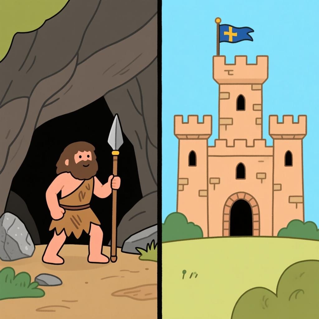 A visual contrast illustrating two distinct historical periods: a primitive cave and stone tools on one side, and a medieval castle on the other.