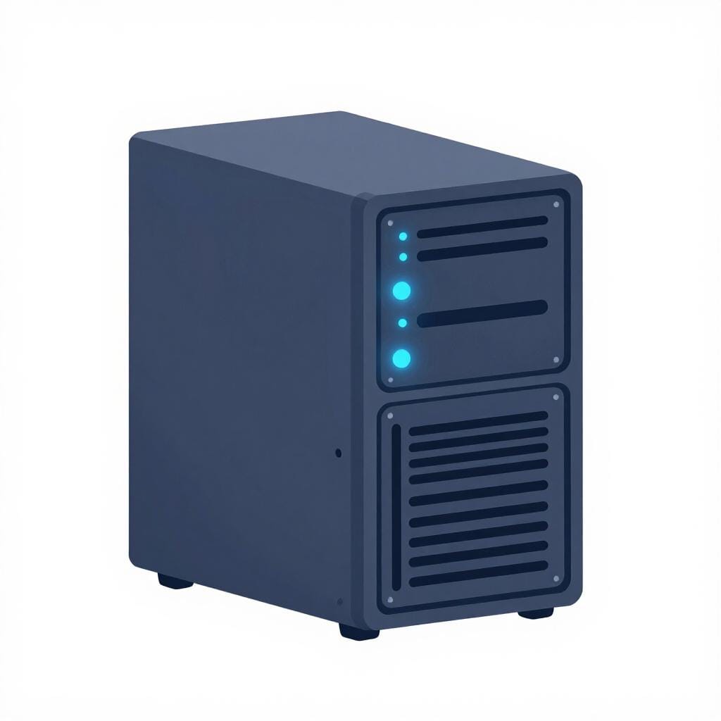 A glowing, futuristic metal box with blue lights representing a computer server, sitting on a simple pedestal.