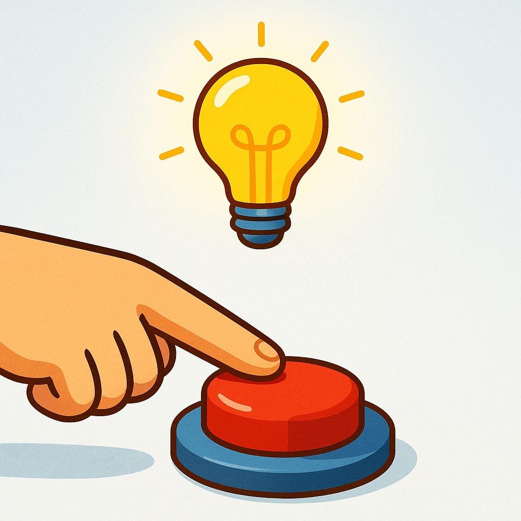 A simplified illustration of a large hand pressing a prominent red button, which immediately causes a bright yellow lightbulb mounted on a wall above it to light up.