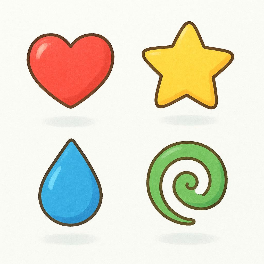 A high quality storybook illustration showing four simple, colorful, floating objects: a red heart, a bright yellow star, a blue raindrop, and a stylized green spiral, symbolizing different emotions.