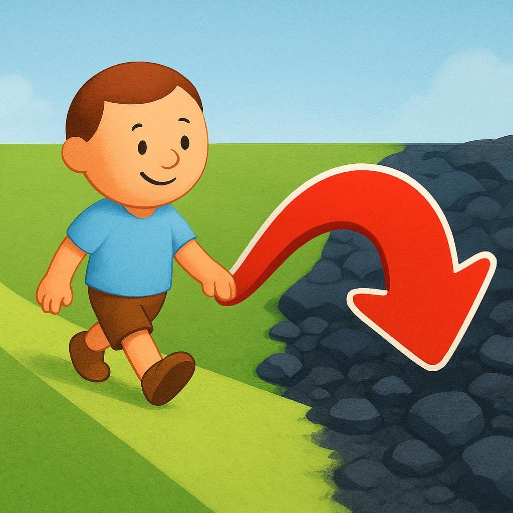 A friendly character walking happily on a smooth, sunny path, but encountering a large, colorful arrow that points them abruptly onto a second, contrasting path that is rocky and challenging, illustrating the concept of 'however.'