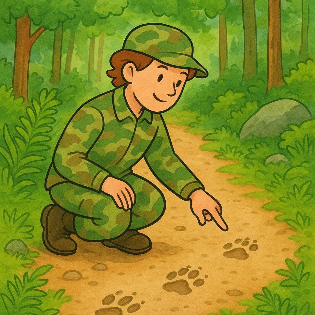 A person in camouflage attire kneeling in a lush green forest, pointing at clear animal tracks on the dirt path, illustrating the activity of hunting.