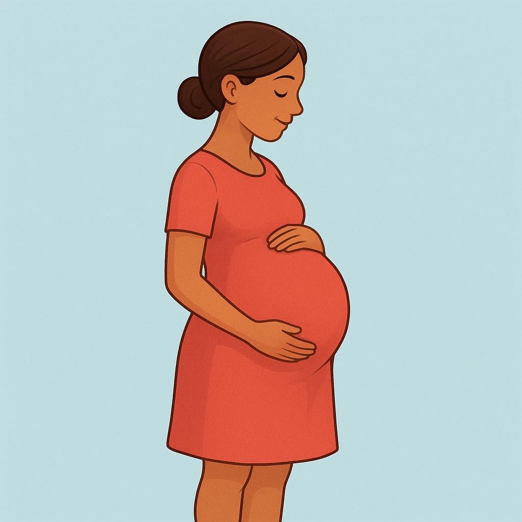 A simple, colorful illustration showing the profile silhouette of a pregnant woman, emphasizing her large, rounded stomach.