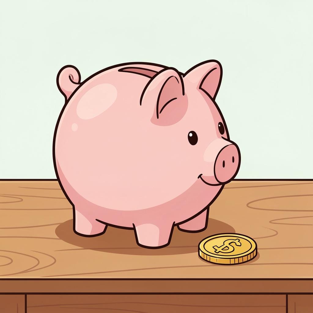 Une tirelire vide posée sur une table en bois avec une seule petite pièce à côté.