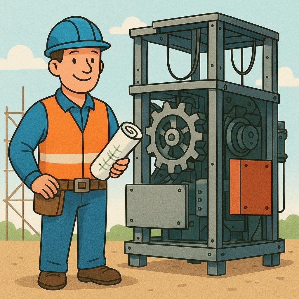 A friendly man dressed as an engineer wearing a hard hat and holding blueprints, smiling next to a complex machine.