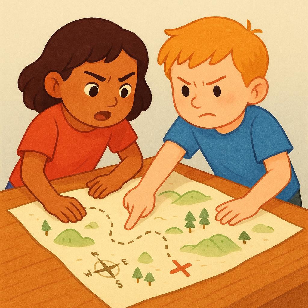 A determined child pointing emphatically at a map spread across a table, giving the command 'find!' to another child.