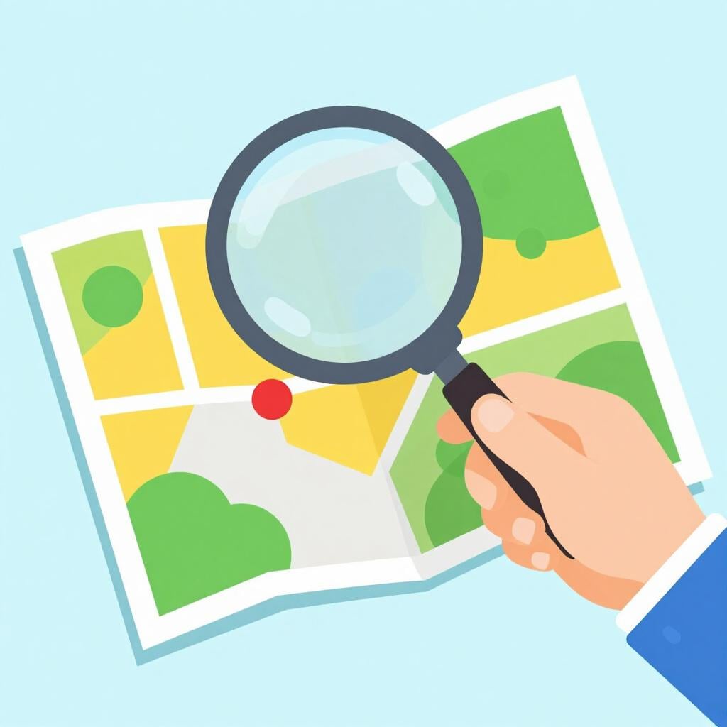 A person holding a magnifying glass over a small colored map, focusing on a specific spot.