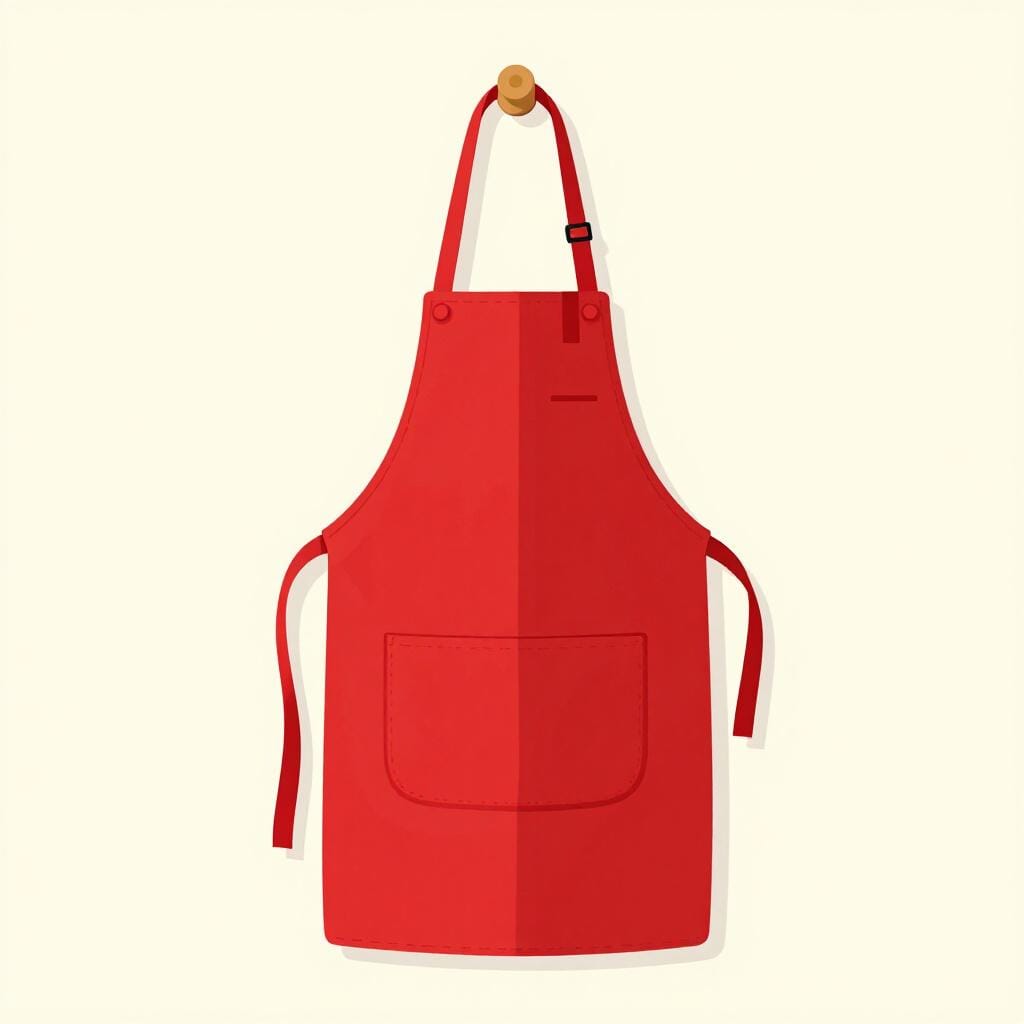 A colorful apron with a front pocket hanging on a wooden peg.