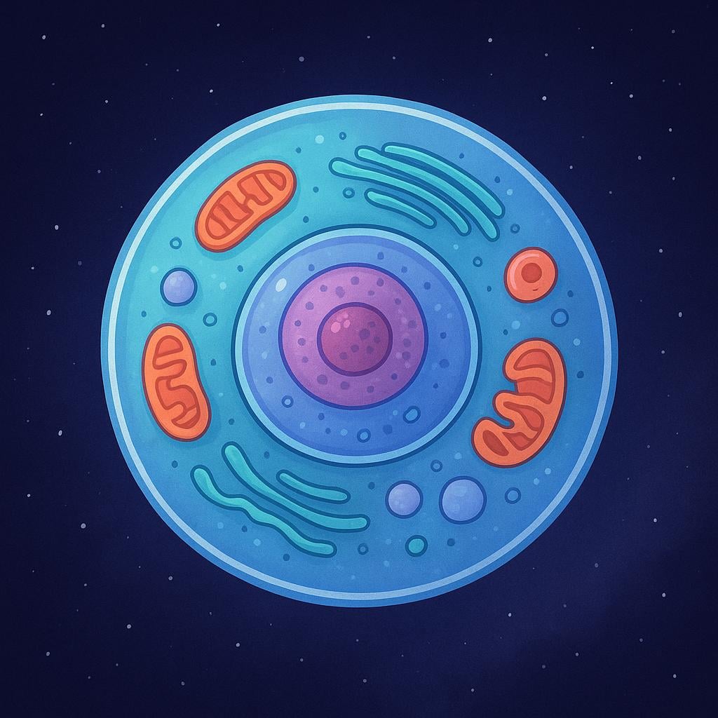 A simplified illustration of a biological cell, showing a spherical structure with a central nucleus and various internal organelles.